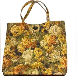 Vintage Mid Century Margaret Smith Floral Tote Bag Toggle Closure Maine Handbag